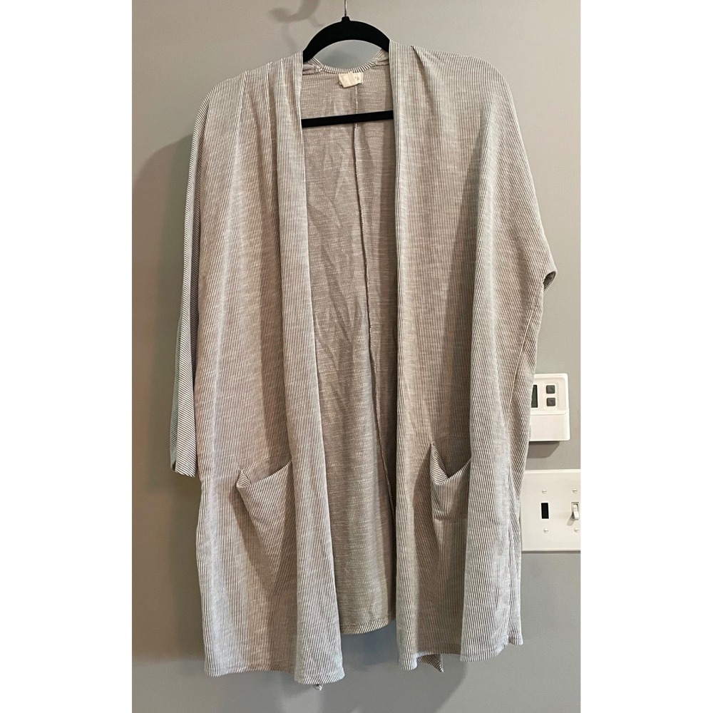 Donni Cardigan Womens OSFA Grey Pinstripe Open Front Ribbed Oversized Kimono